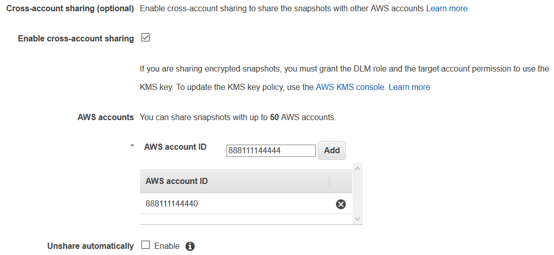 Cross-account sharing for EBS volume snapshots Cross-account sharing for EBS volume snapshots