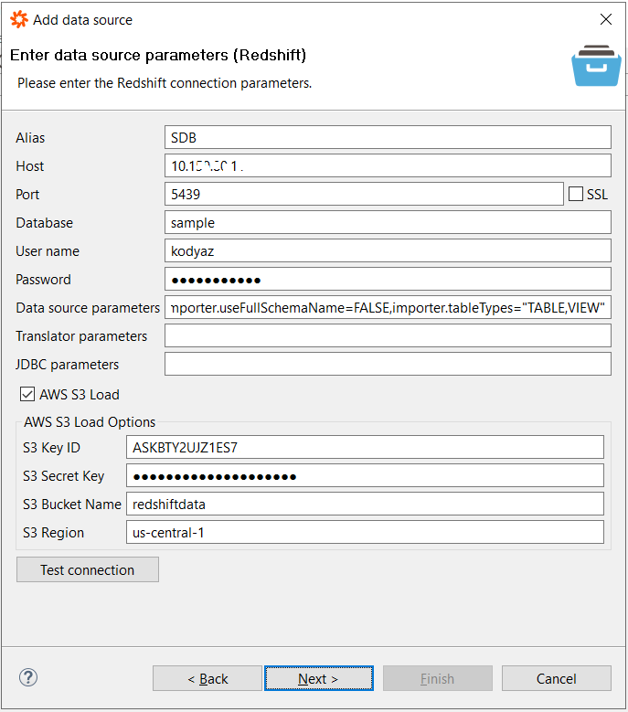 Amazon Redshift database connection settings on Data Virtuality Studio