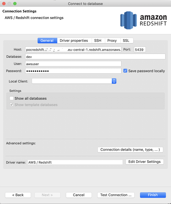 DBeaver Amazon Redshift connection settings