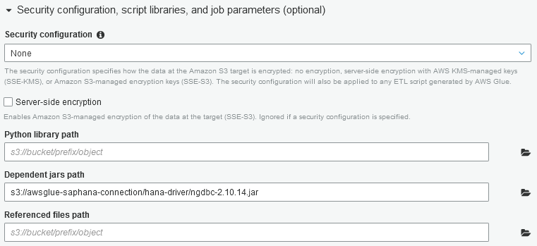 AWS Glue job properties for dependent HANA driver jar file