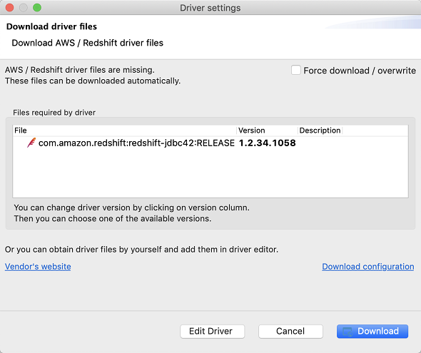 download AWS Redshift driver files in DBeaver