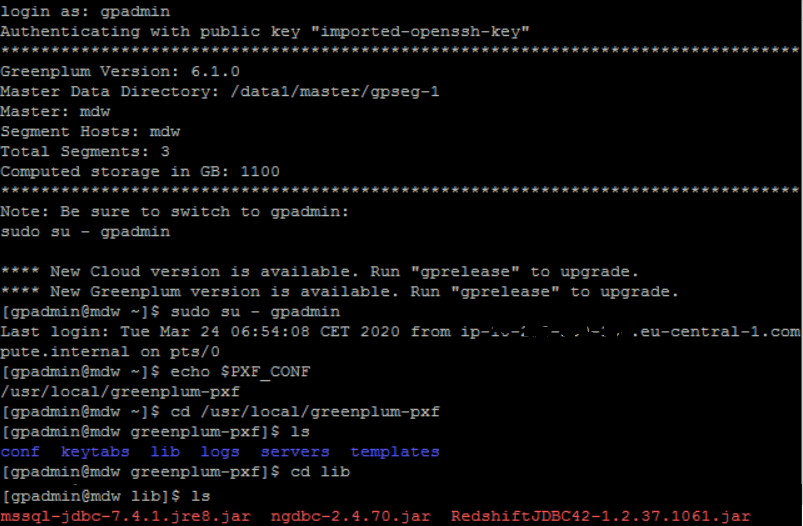 connect Greenplum server and display PXF lib folder for JDBC drivers