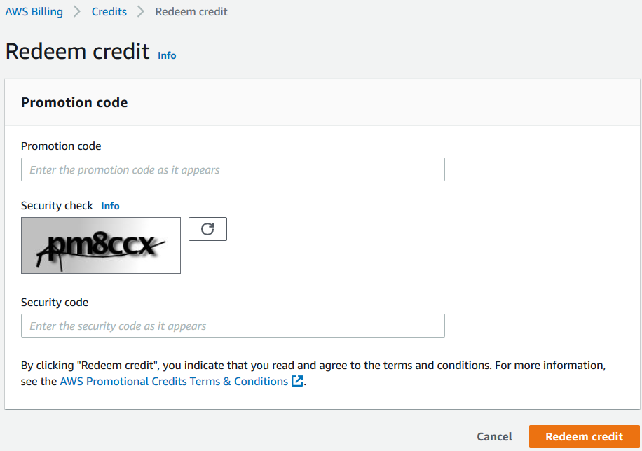 redeem AWS credits using AWS Management Console