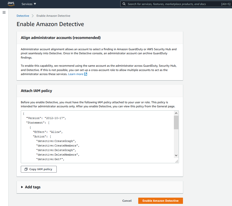 enable Amazon Detective service using IAM policy