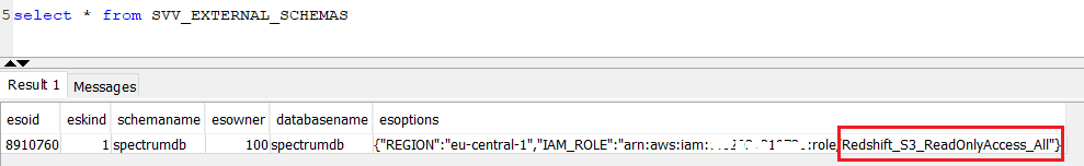 identify IAM role used in external schema creation on Amazon Redshift