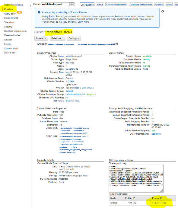 Redshift cluster private IP address on AWS Management Console