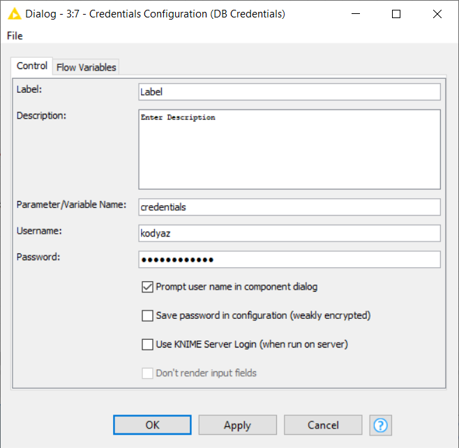 Knime Credentials Configuration for username and password security
