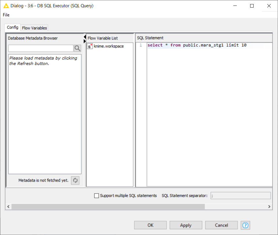 Knime DB SQL Executor to execute SQL queries on Redshift database