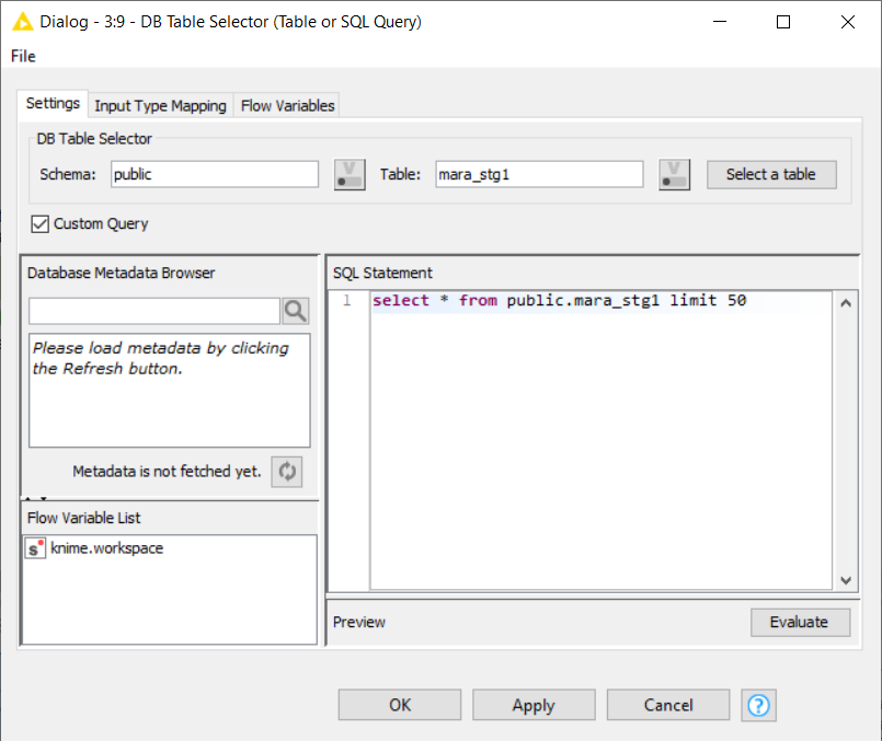 Knime DB Table Selector and custome SQL query execution