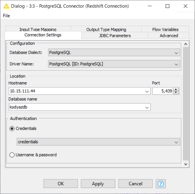 PostgreSQL Connector configuration for Amazon Redshift connection