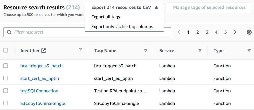 export AWS Lambda functions list on Management Console tools