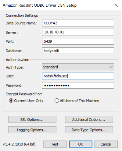 ODBC connection details to Amazon Redshift database