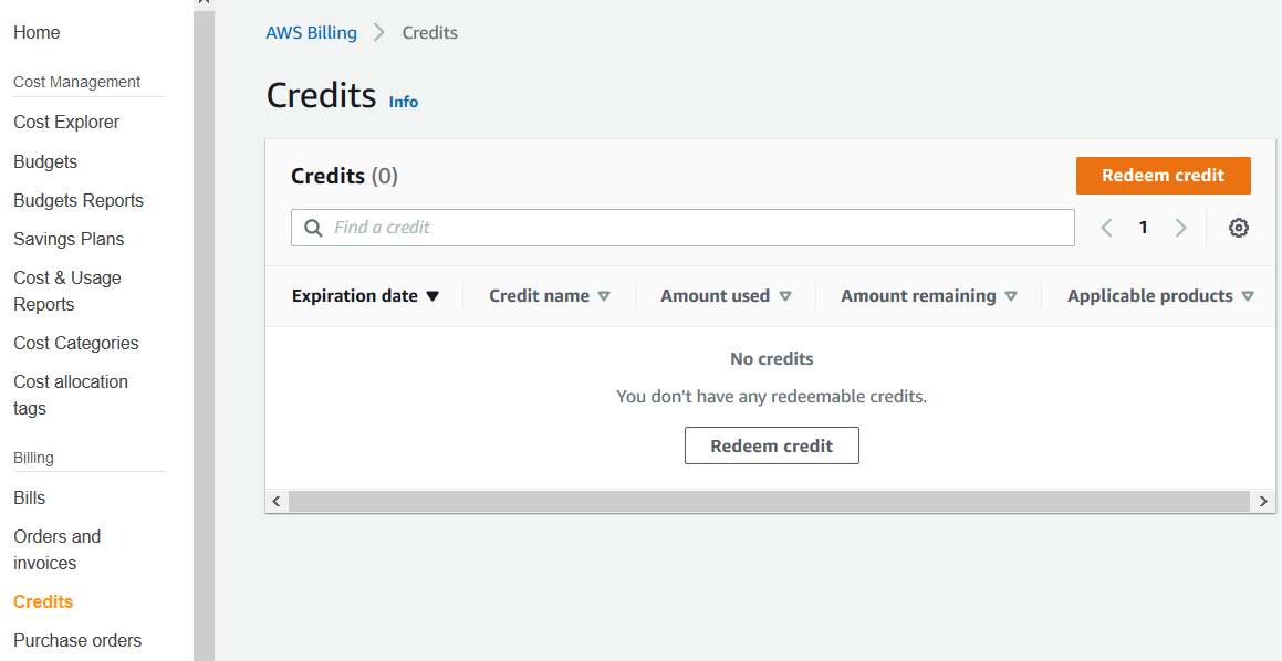 Credits on AWS Billing and Cost Management service dashboard