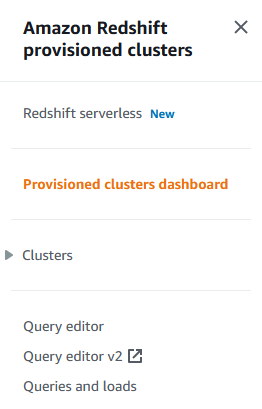 Amazon Redshift Dashboad menu