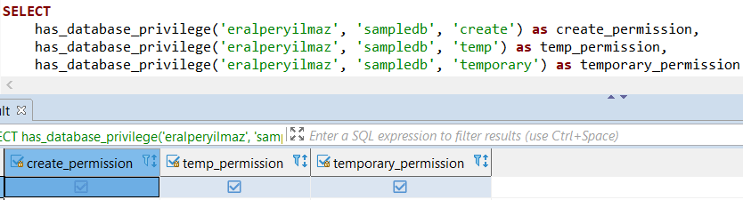 sample SQL code for has_database_privilege function on Redshift Database