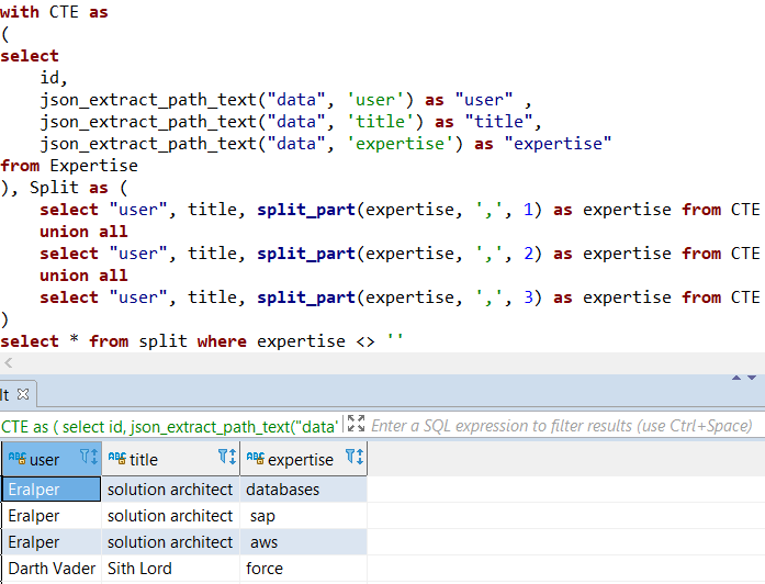 Redshift database parse JSON and split string SQL