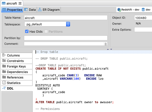 Redshift table properties in DBeaver database manager