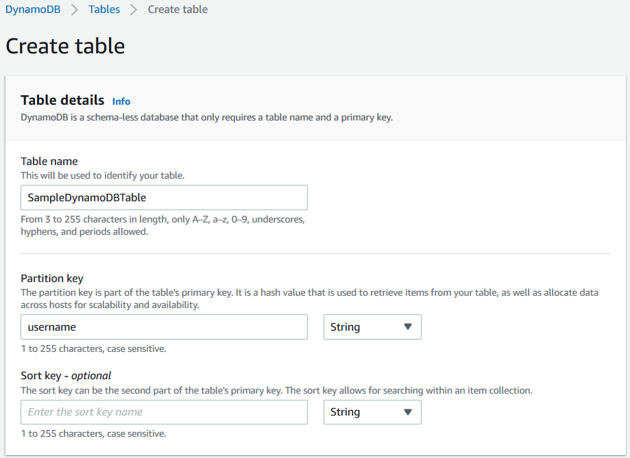 sample Amazon DynamoDB table creation