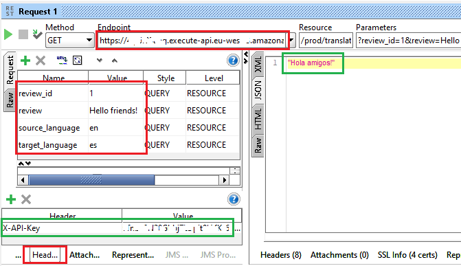 create API request to test Amazon Translate service via HTTP Request