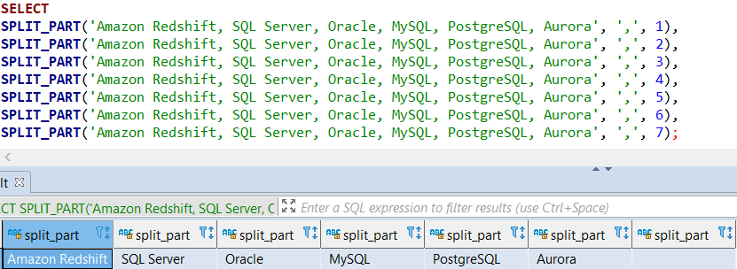 split string on Amazon Redshift database