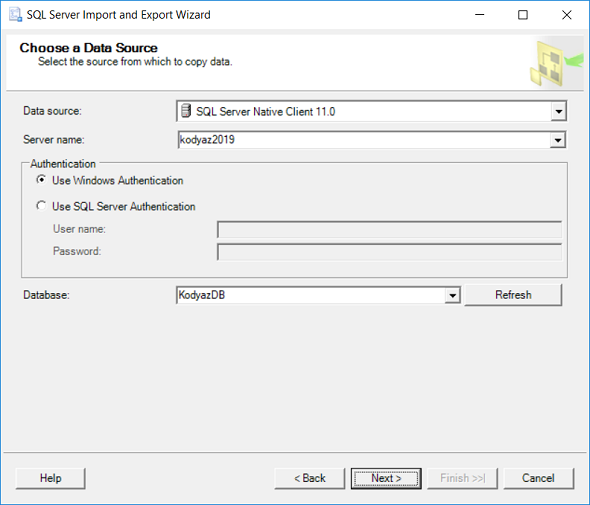 choose data source for import export wizard on SQL Server