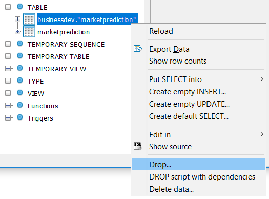 run drop table command on SQL Workbench