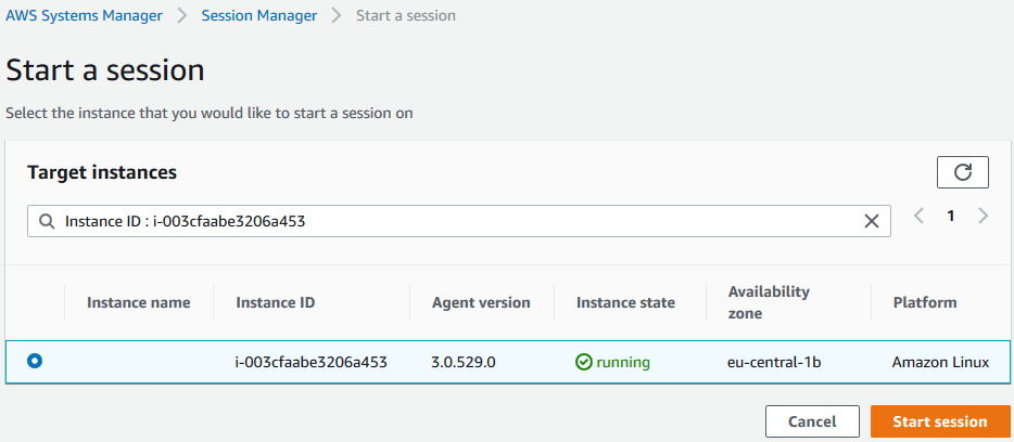 start a new session using AWS Session Manager