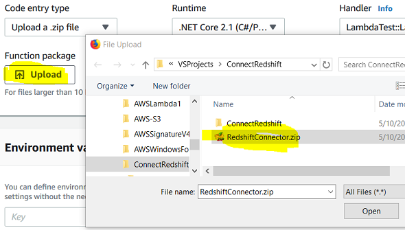 upload C# project package file for AWS Lambda function code