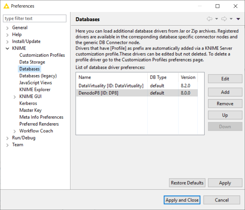 Knime databases for generic DB Connector for data virtualization platforms