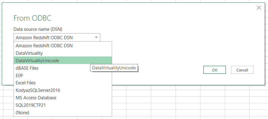 choose Data Virtuality ODBC data source for Excel