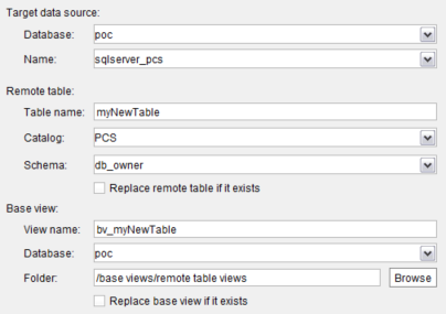 base view configuration of remote table VQL SQL query