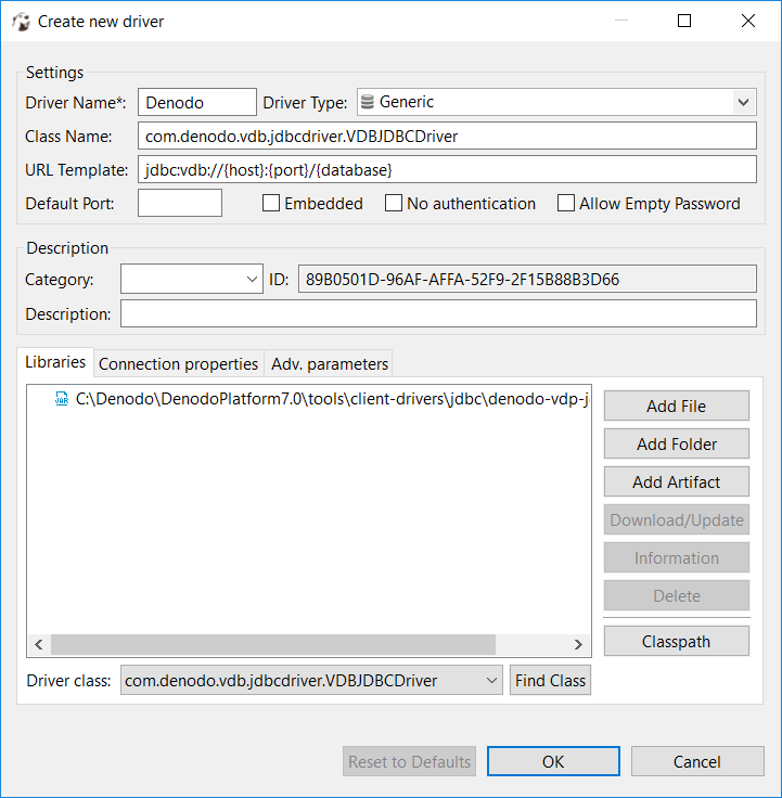 create Denodo driver on DBeaver database management tool