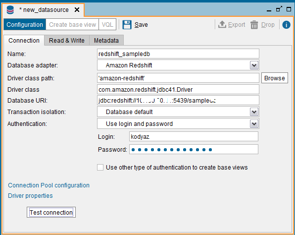 JDBC connection propertied to connect Amazon Redshift database from Denodo Platform