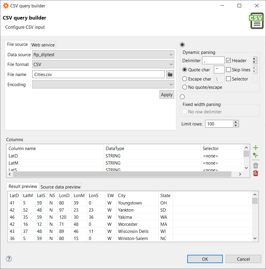 Data Virtuality CSV Query Builder for FTP server files