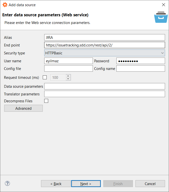 Data Virtuality JIRA Web API connector setting