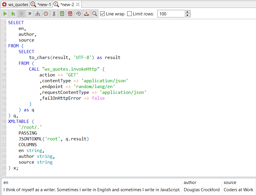 Data Virtuality SQL code to consume web service