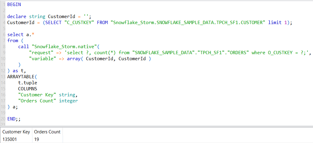 Data Virtuality SQL Native procedure Call with variables