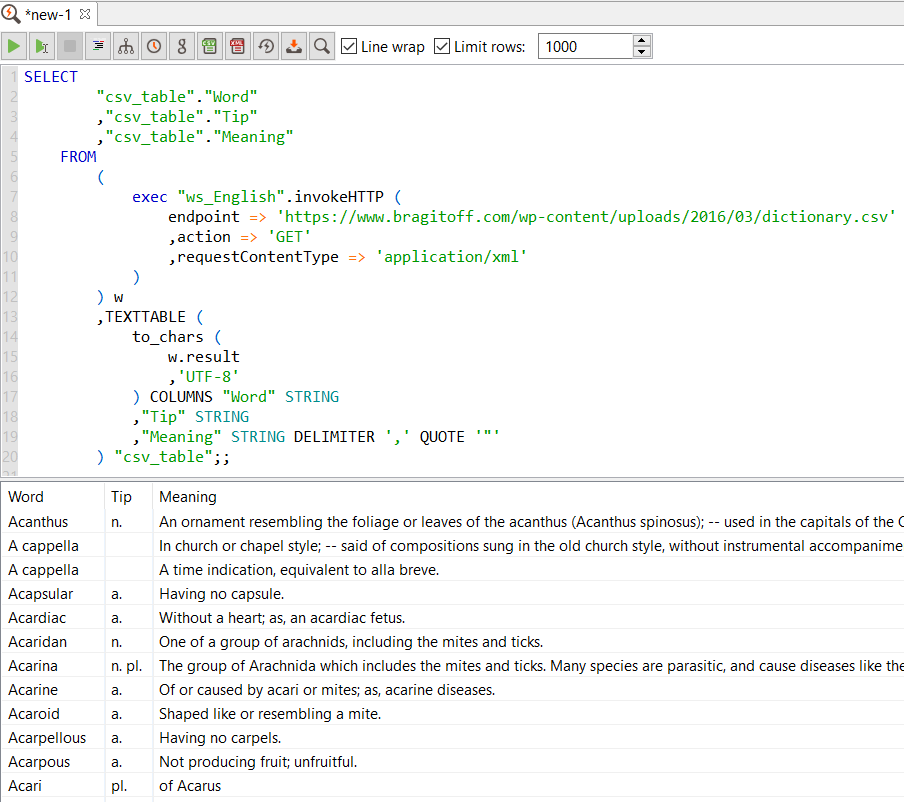 SQL code to query online CSV file on Data Virtuality server