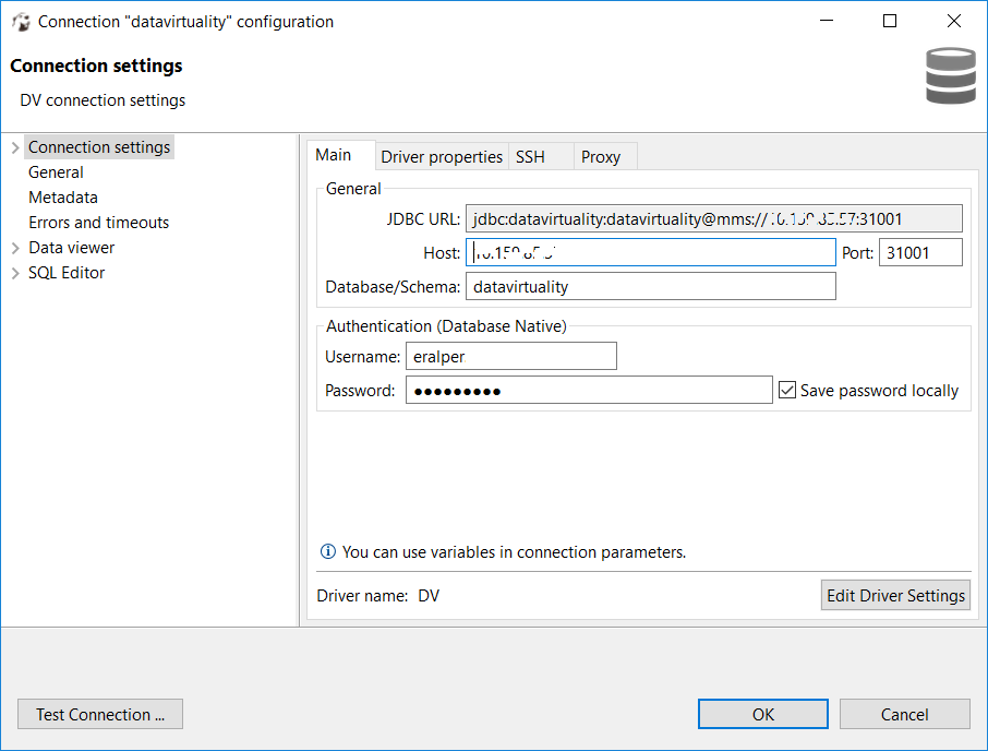 DBeaver Data Virtuality JDBC database connection settings