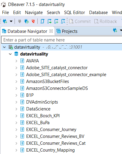 DBeaver Database Navigator showing Data Virtuality connection