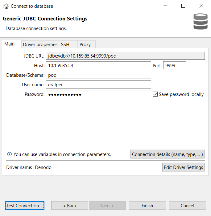 sample database connection from DBeaver to Denodo Platform databases