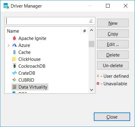 DBeaver driver manager including Data Virtuality JDBC driver
