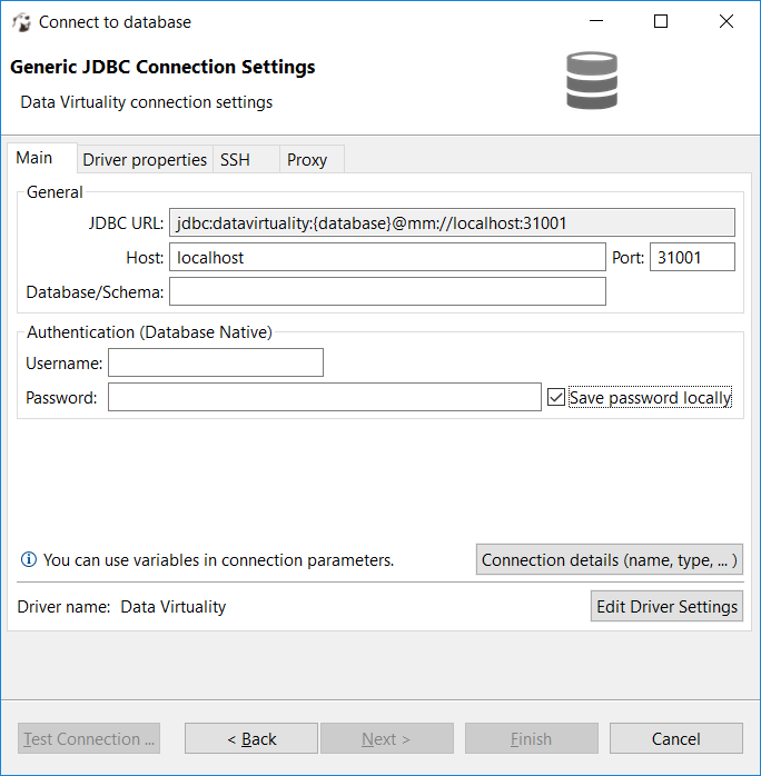 DBeaver generic JDBC connection settings for Data Virtuality
