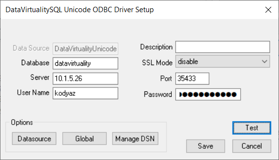 Data Virtuality ODBC Data Source configuration