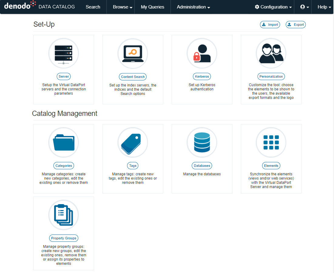 Denodo Data Catalog Administration screen