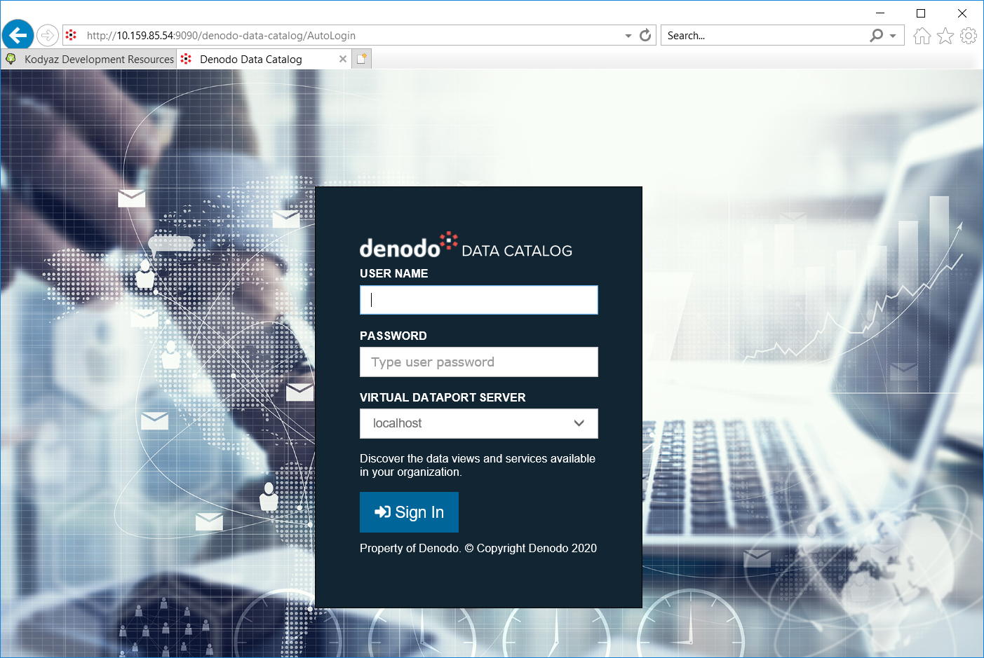 Denodo Data Catalog server login screen