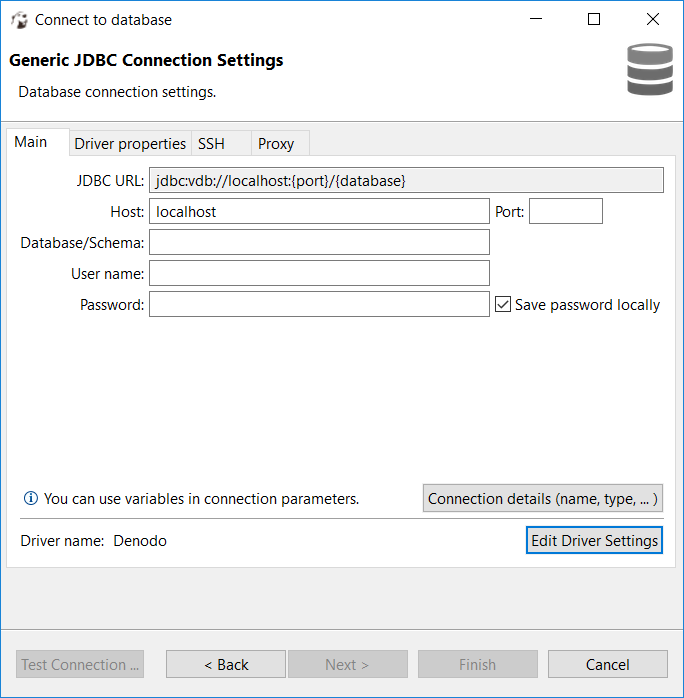 Denodo database JDBC connection template on DBeaver