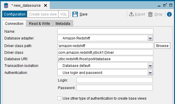 Denodo to Amazon Redshift database JDBC connection template