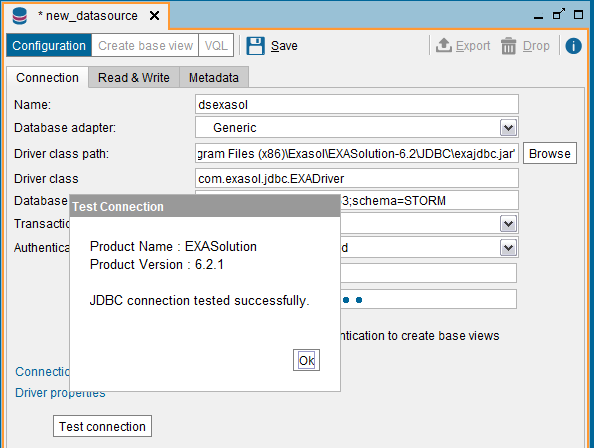 JDBC connection from Denodo to Exasol analytic database