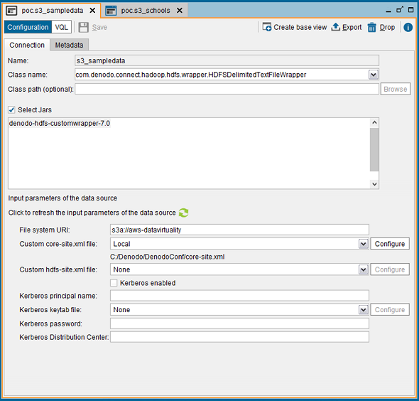 Denodo AWS S3 connector File system URI and core-site.xml parameters